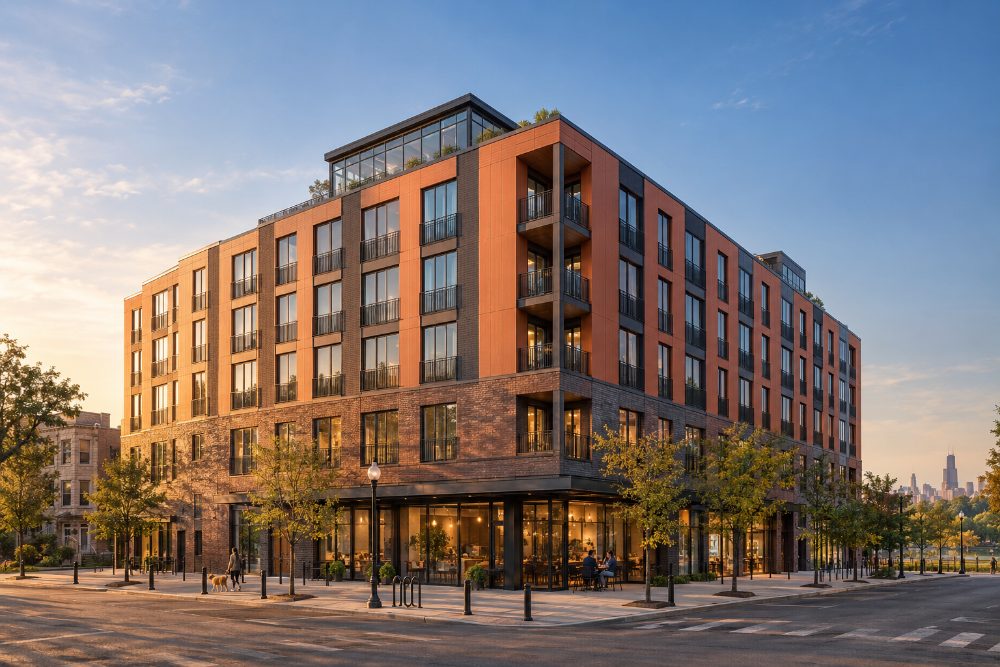 The corner of Plaisance Row at sunset: six storeys of brick and terracotta over a lit caf&eacute;, with the Chicago skyline in the distance.
