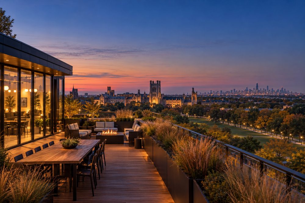 The roof terrace at dusk: a long table and a fire feature, looking north over the Midway to the university and the skyline.