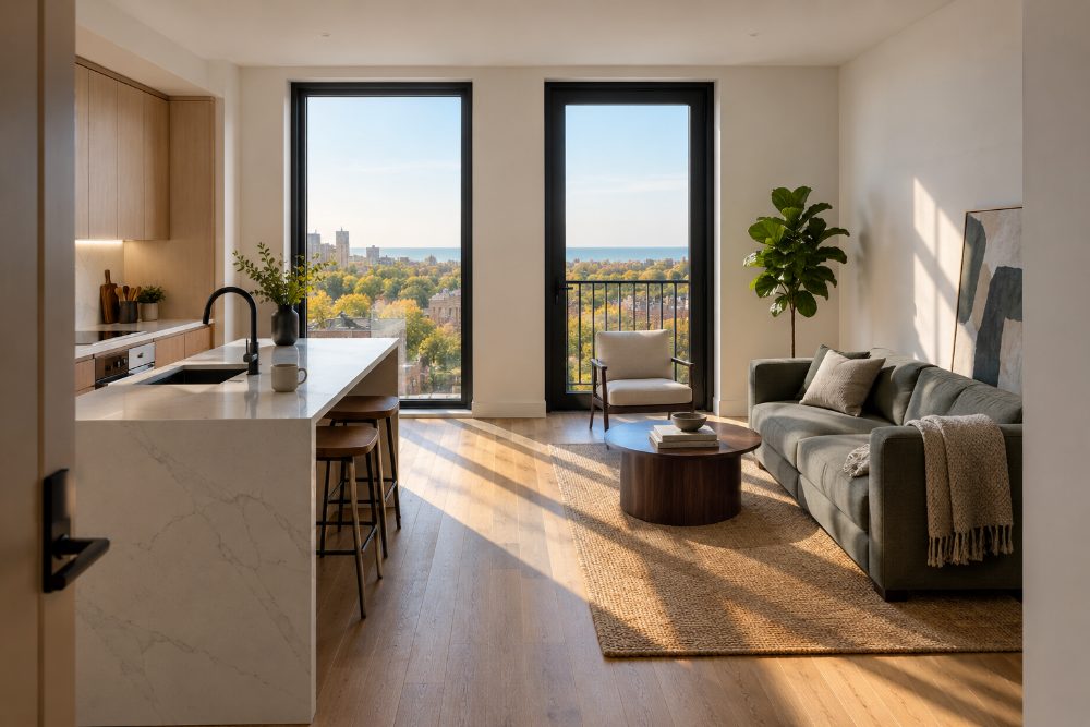 A corner apartment: a white oak kitchen and quartz island open onto a living room with a sofa and an armchair, under floor-to-ceiling windows in black frames looking east over the treetops to the lake.