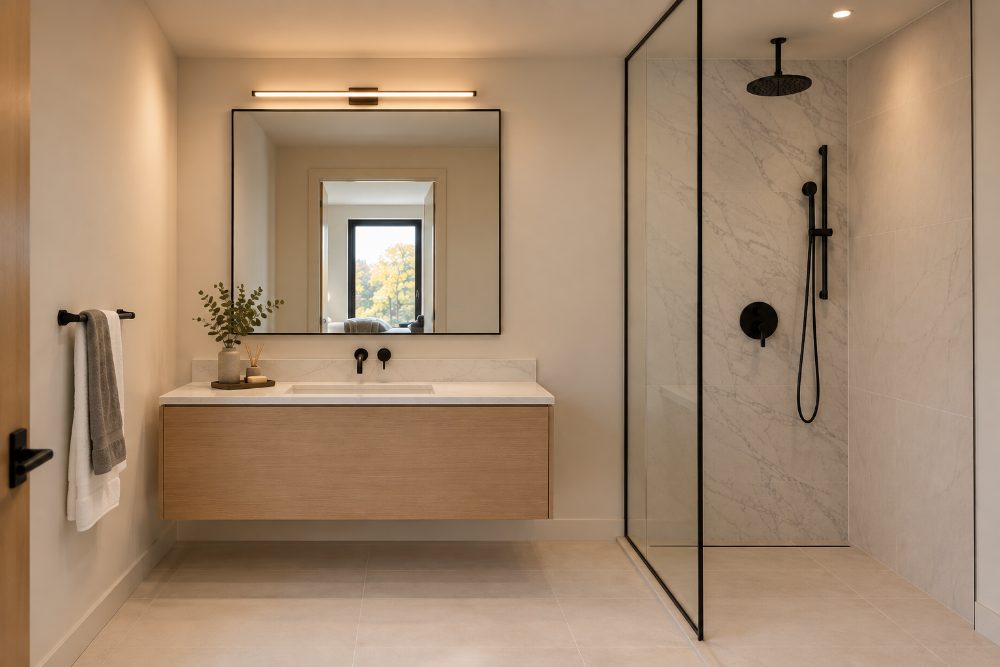 The bathroom of that apartment: a floating white oak vanity under a black-framed mirror and a linear light, beside a walk-in shower behind glass with marble walls and a black rain head.
