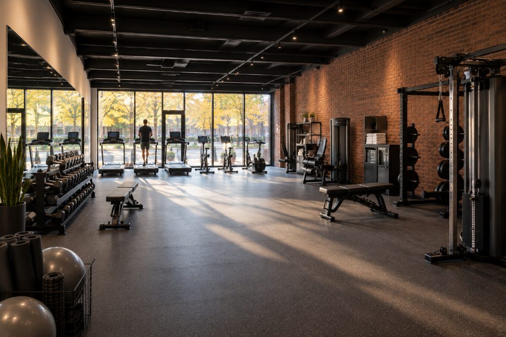 The shared gym: treadmills and bikes along a full-height window wall looking out at yellow autumn trees, with free weights, a bench and a cable rack against exposed brick under a black steel ceiling.